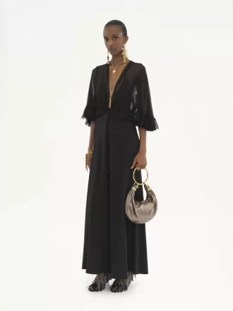 Abito lungo con scollo a V in crêpe satin