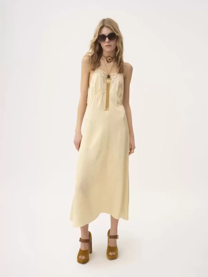 Abito midi con spalline sottili in jacquard di seta e pizzo Abito midi con spalline sottili in jacquard di seta e pizzo