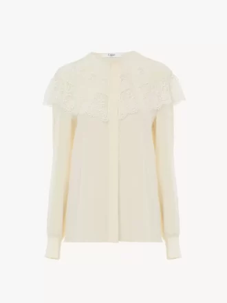 Blusa arricciata in crêpe de chine e pizzo