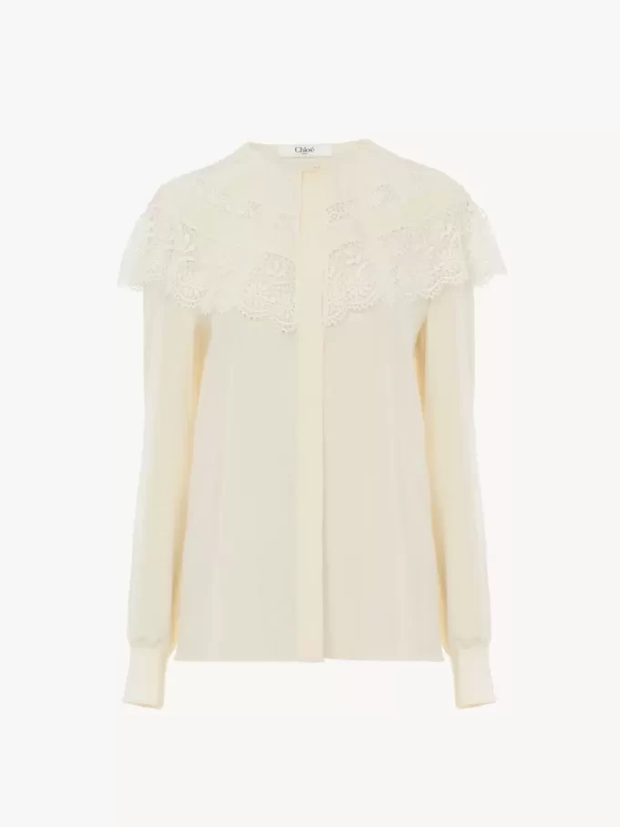 Blusa arricciata in crêpe de chine e pizzo Blusa arricciata in crêpe de chine e pizzo