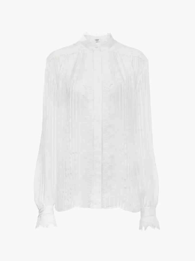 Blusa arricciata in mousseline di seta e pizzo Blusa arricciata in mousseline di seta e pizzo