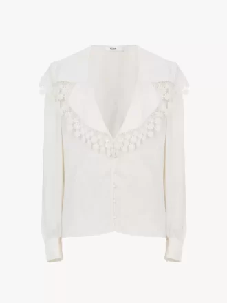 Blusa con collo alto in jacquard di seta e pizzo Blusa con collo alto in jacquard di seta e pizzo