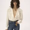 Blusa con collo alto in jacquard di seta e pizzo Blusa con collo alto in jacquard di seta e pizzo