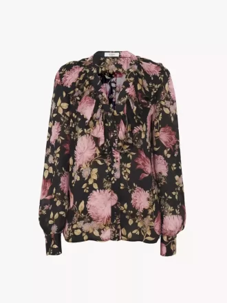 Blusa con scollo a V e volant in charmeuse di seta