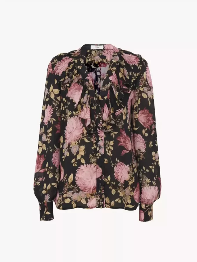 Blusa con scollo a V e volant in charmeuse di seta Blusa con scollo a V e volant in charmeuse di seta