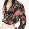 Blusa con scollo a V e volant in charmeuse di seta Blusa con scollo a V e volant in charmeuse di seta