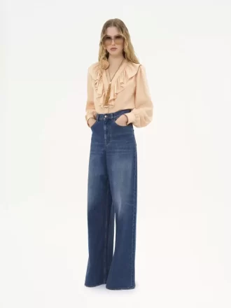 Blusa con scollo a V e volant in habotai di seta