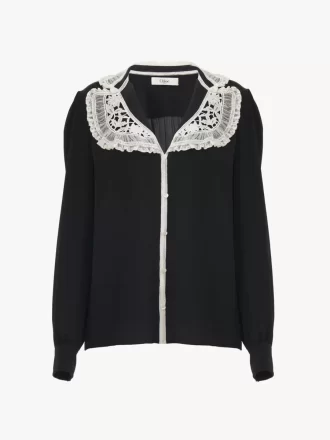 Blusa con volant in crêpe de chine e pizzo
