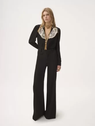 Blusa con volant in crêpe de chine e pizzo