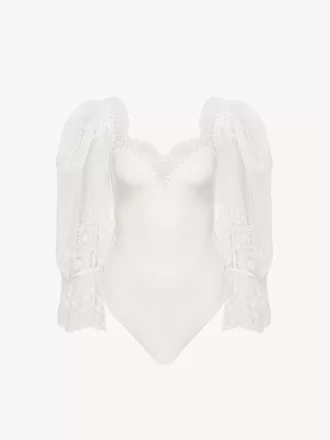 Body con maniche a sbuffo in jersey elasticizzato lucido e pizzo