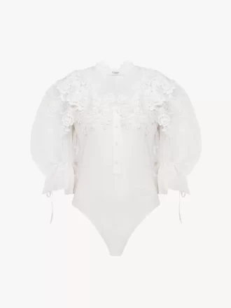 Body con maniche a sbuffo in misto cotone e pizzo guipure