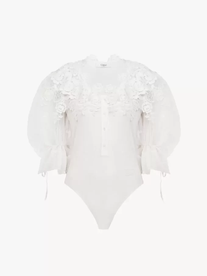 Body con maniche a sbuffo in misto cotone e pizzo guipure Body con maniche a sbuffo in misto cotone e pizzo guipure