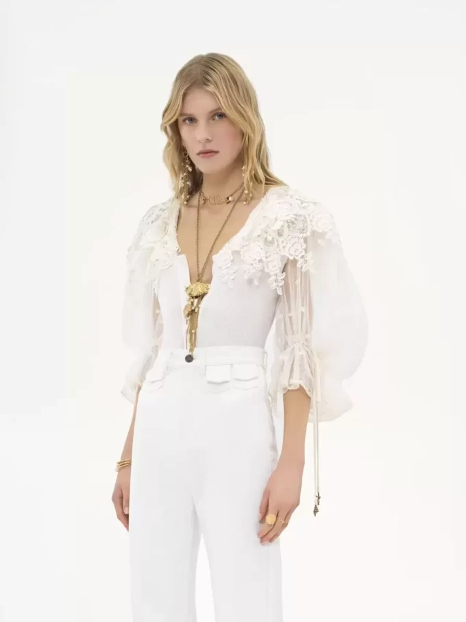 Body con maniche a sbuffo in misto cotone e pizzo guipure Body con maniche a sbuffo in misto cotone e pizzo guipure