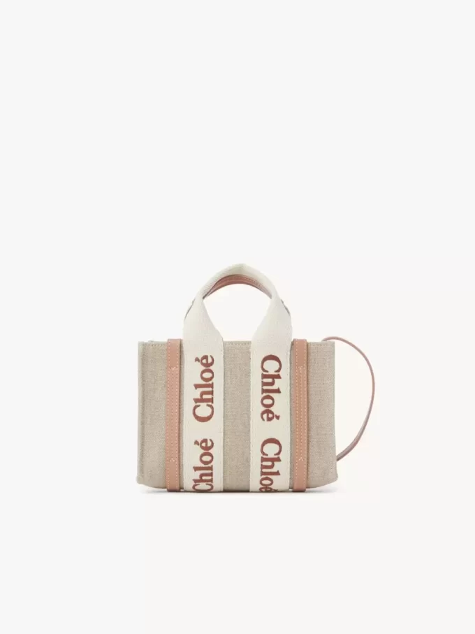 Borsa tote Mini Woody in lino e pelle Borsa tote Mini Woody in lino e pelle