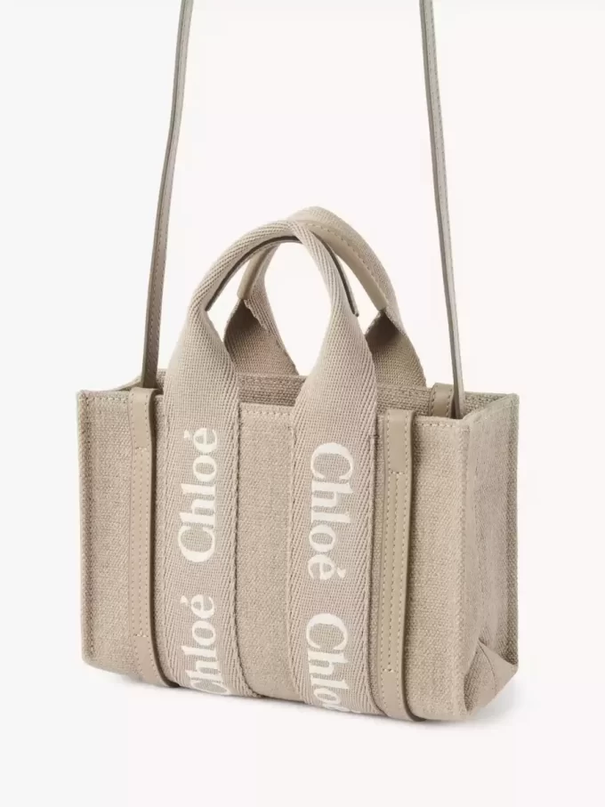 Borsa tote Mini Woody in lino e pelle Borsa tote Mini Woody in lino e pelle