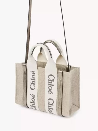 Borsa tote Mini Woody in lino e pelle Borsa tote Mini Woody in lino e pelle
