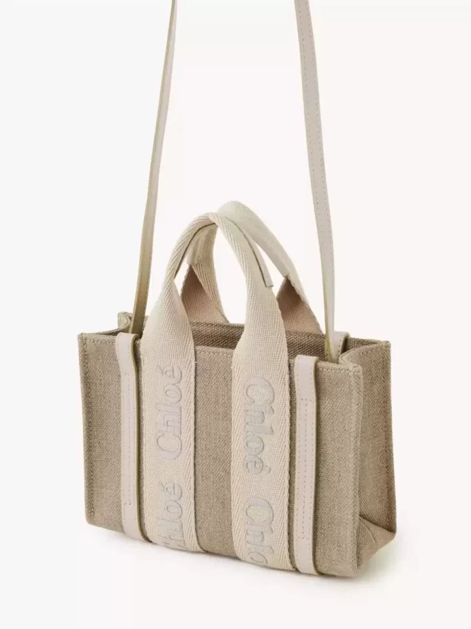 Borsa tote Mini Woody in lino e pelle Borsa tote Mini Woody in lino e pelle