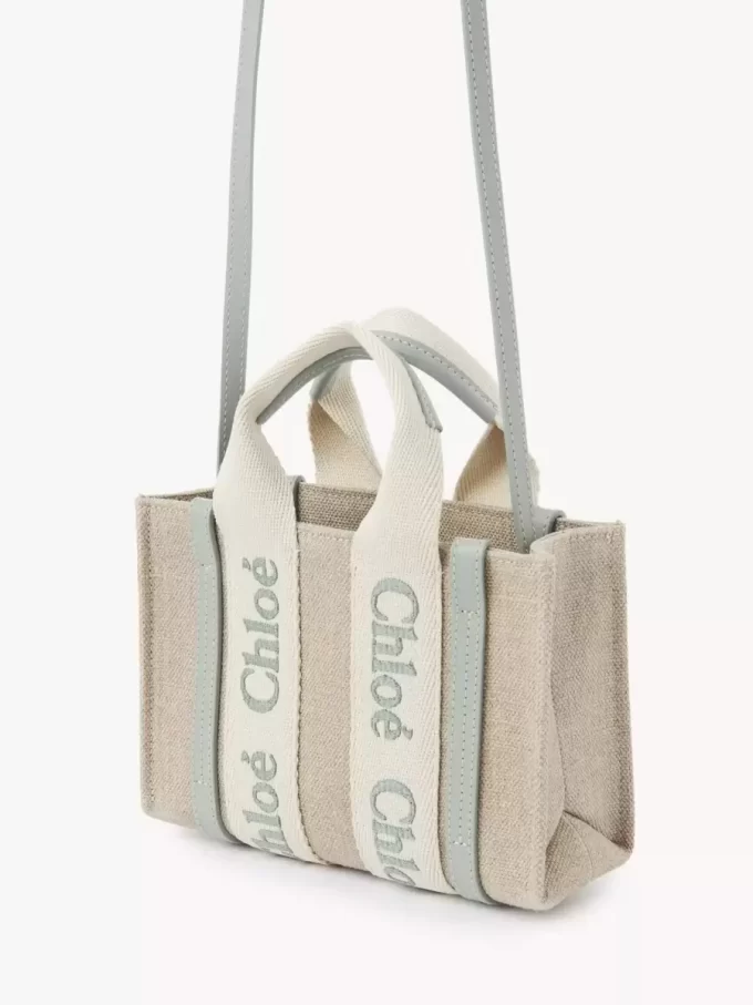Borsa tote Mini Woody in lino e pelle Borsa tote Mini Woody in lino e pelle