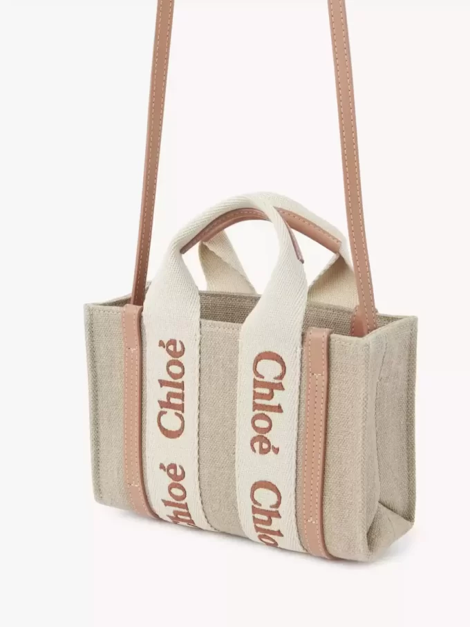 Borsa tote Mini Woody in lino e pelle Borsa tote Mini Woody in lino e pelle