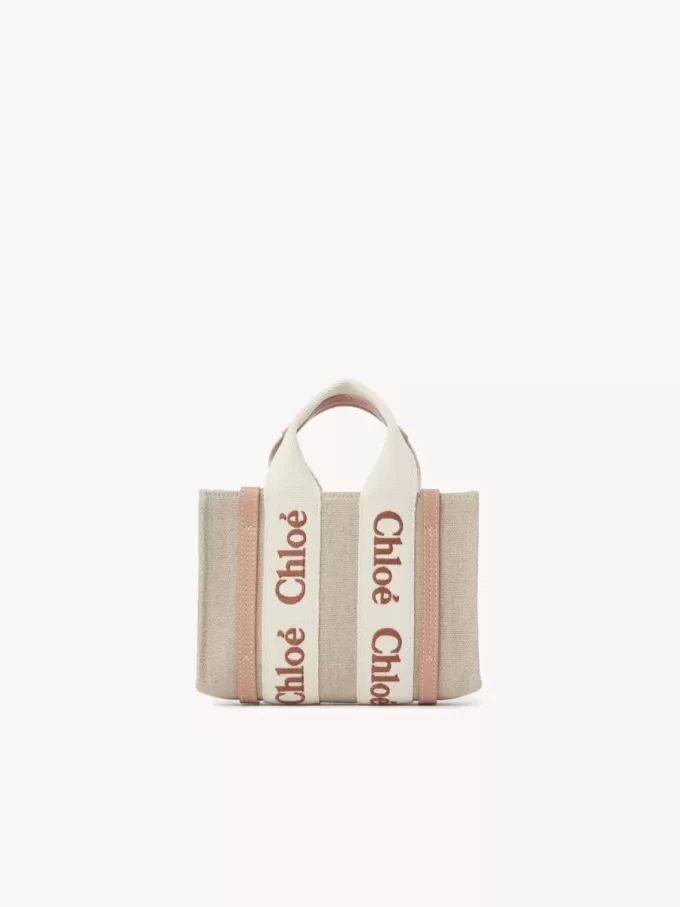 Borsa tote Mini Woody in lino e pelle Borsa tote Mini Woody in lino e pelle