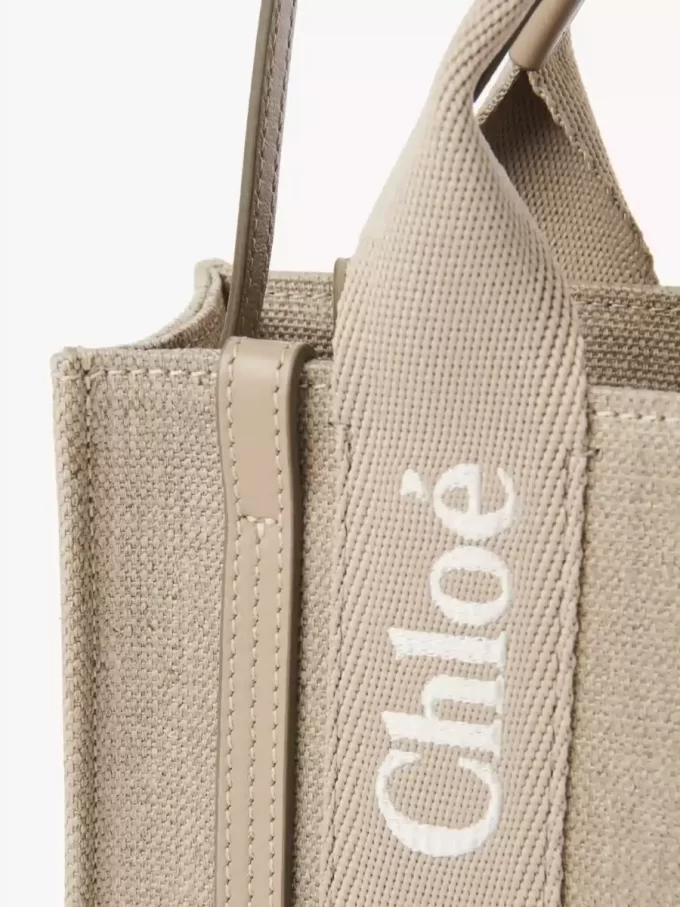 Borsa tote Mini Woody in lino e pelle Borsa tote Mini Woody in lino e pelle