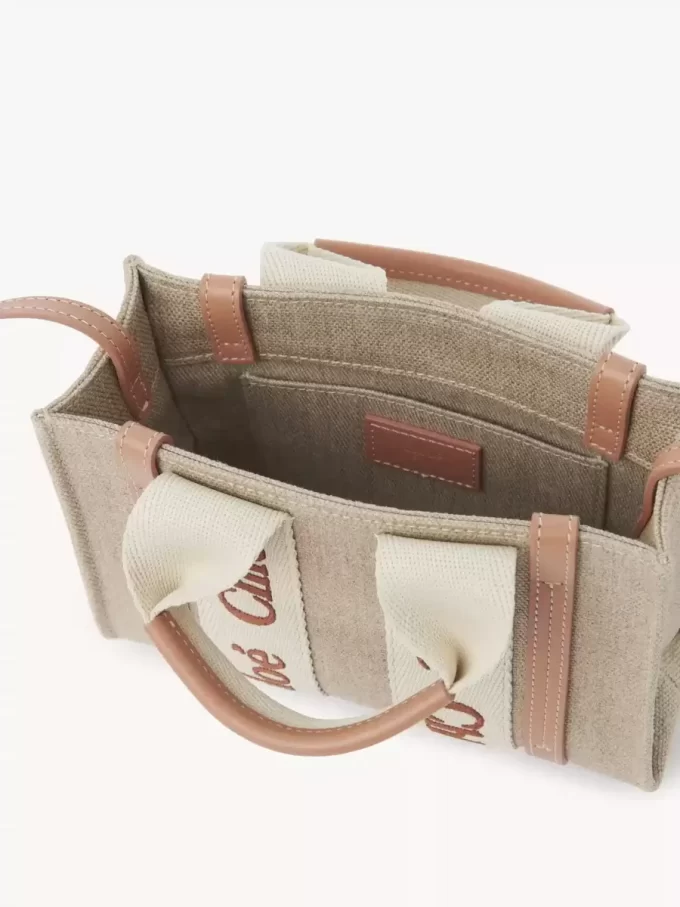 Borsa tote Mini Woody in lino e pelle Borsa tote Mini Woody in lino e pelle