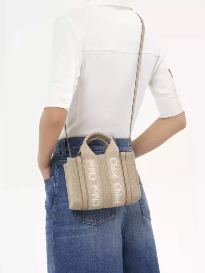 Borsa tote Mini Woody in lino e pelle Borsa tote Mini Woody in lino e pelle