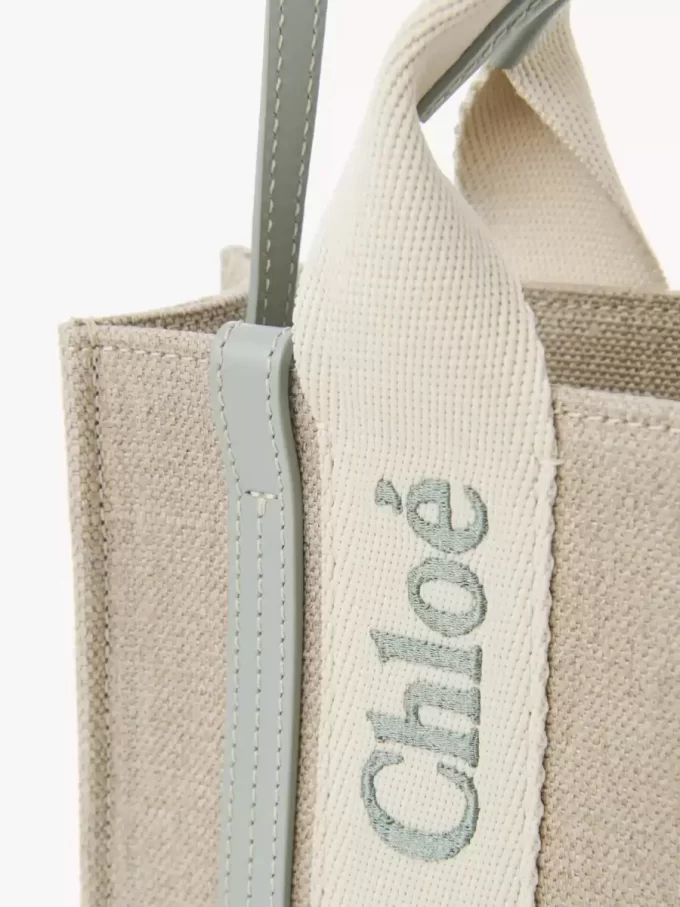 Borsa tote Mini Woody in lino e pelle Borsa tote Mini Woody in lino e pelle