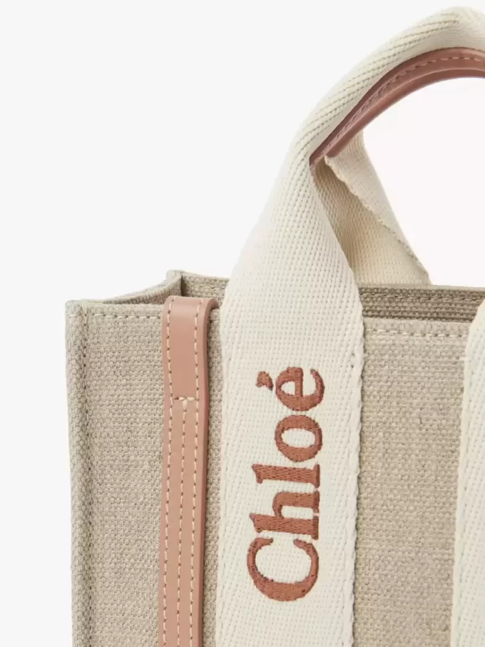 Borsa tote Mini Woody in lino e pelle Borsa tote Mini Woody in lino e pelle