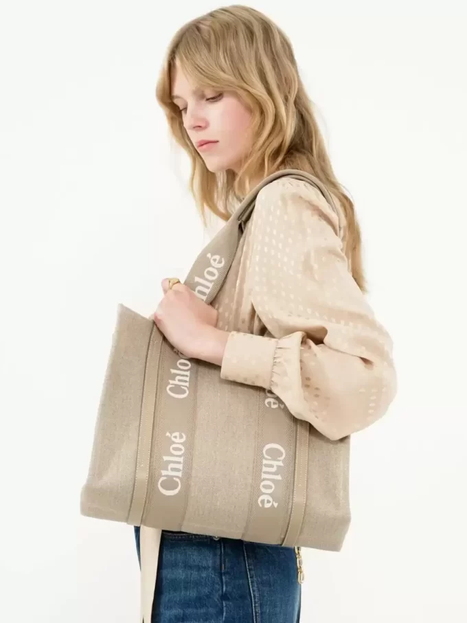 Borsa tote Woody in lino e pelle Borsa tote Woody in lino e pelle