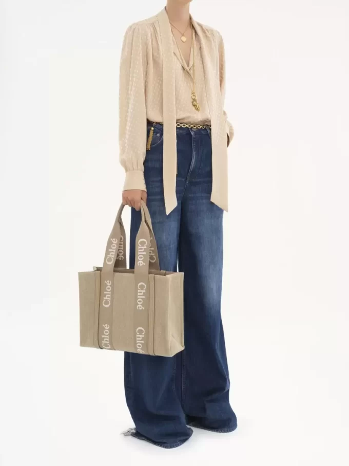 Borsa tote Woody in lino e pelle Borsa tote Woody in lino e pelle