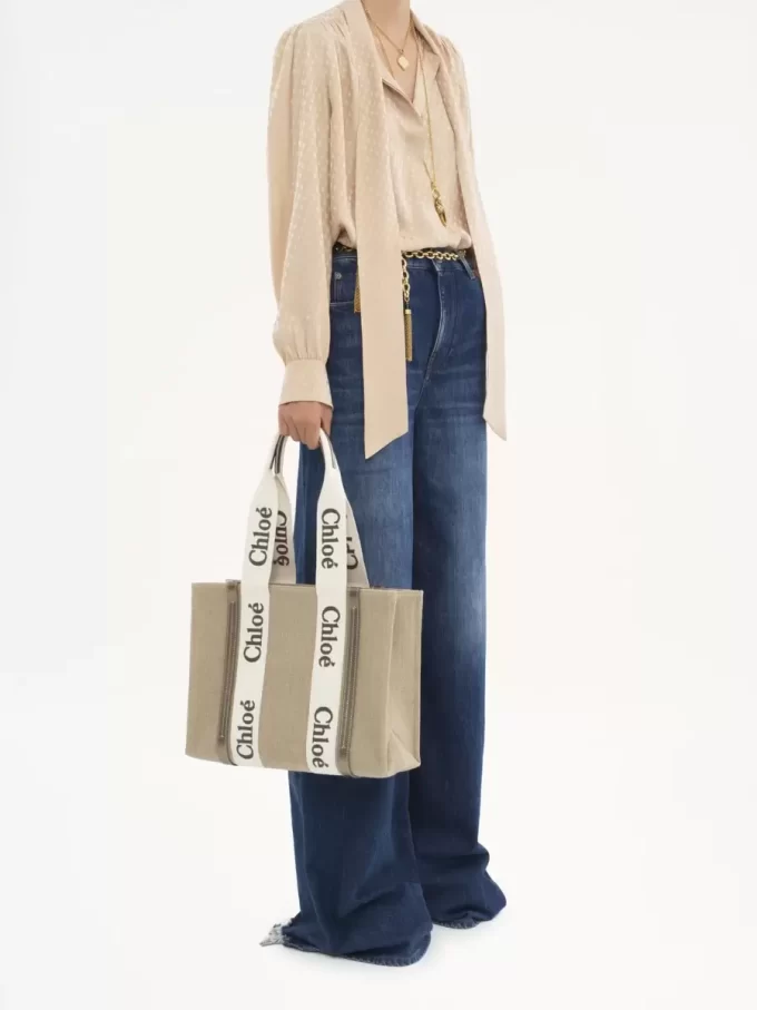 Borsa tote Woody in lino e pelle Borsa tote Woody in lino e pelle