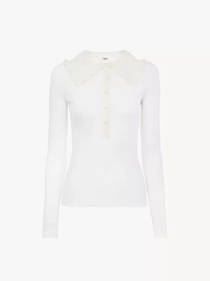 Camicia Henley con colletto in maglia di lana superfine e pizzo Camicia Henley con colletto in maglia di lana superfine e pizzo