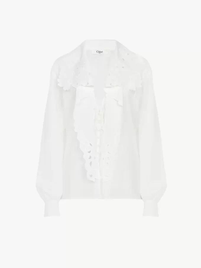 Camicia lavallière ricamata in popeline di cotone Camicia lavallière ricamata in popeline di cotone