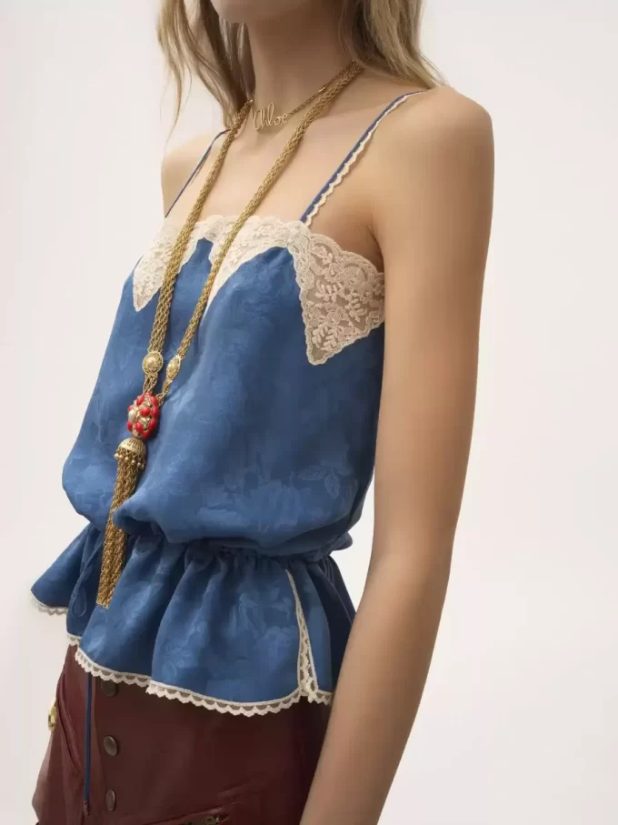 Canotta con coulisse in jacquard di seta e pizzo Canotta con coulisse in jacquard di seta e pizzo