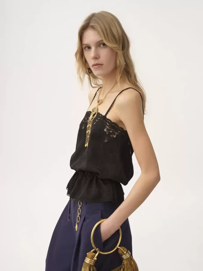 Canotta con coulisse in jacquard di seta e pizzo Canotta con coulisse in jacquard di seta e pizzo
