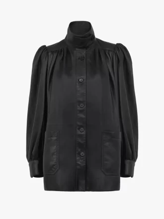 Cappotto in pelle con collo alto e arricciature