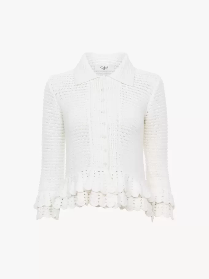 Cardigan aderente con volant in maglia all’uncinetto Cardigan aderente con volant in maglia all’uncinetto