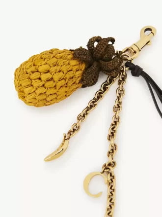 Ciondolo per borsa a forma di ananas in rafia, metallo e pelle
