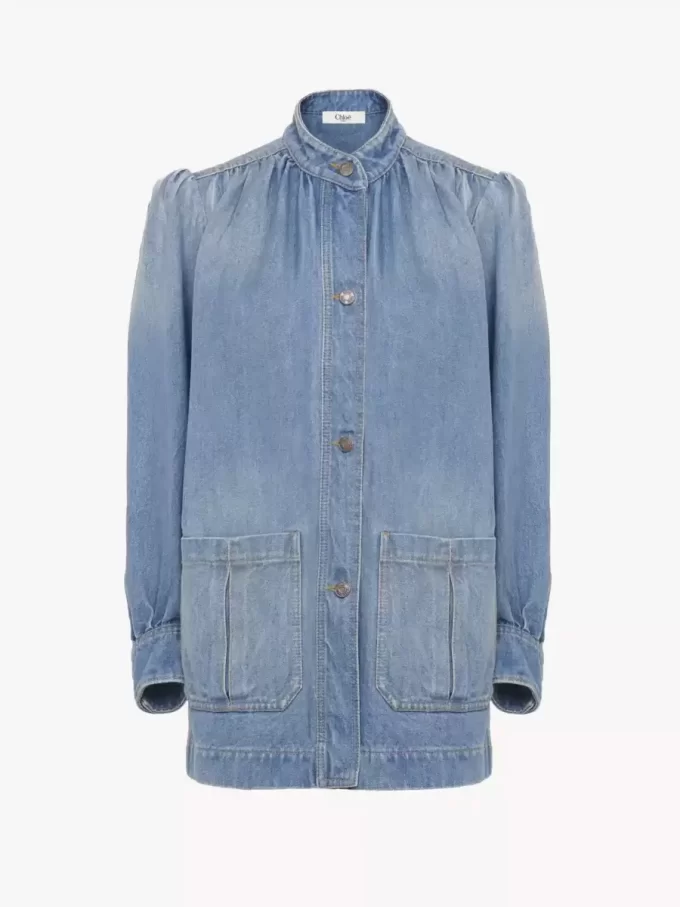 Giacca arricciata a collo alto in denim Giacca arricciata a collo alto in denim