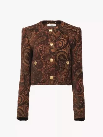 Giacca squadrata senza colletto in jacquard arazzo Giacca squadrata senza colletto in jacquard arazzo