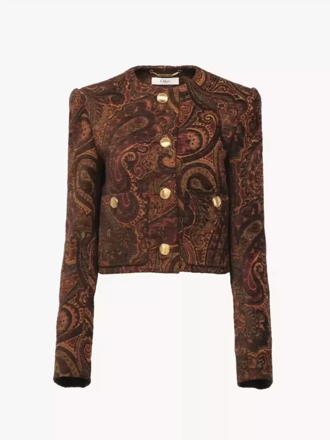 Giacca squadrata senza colletto in jacquard arazzo Giacca squadrata senza colletto in jacquard arazzo