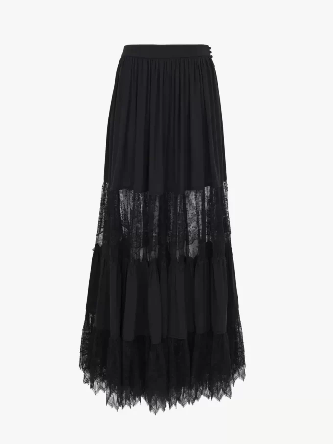Gonna lunga a balze in georgette di seta e pizzo Gonna lunga a balze in georgette di seta e pizzo