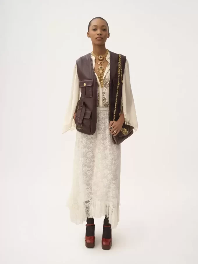 Gonna midi con volant in pizzo jacquard floreale Gonna midi con volant in pizzo jacquard floreale