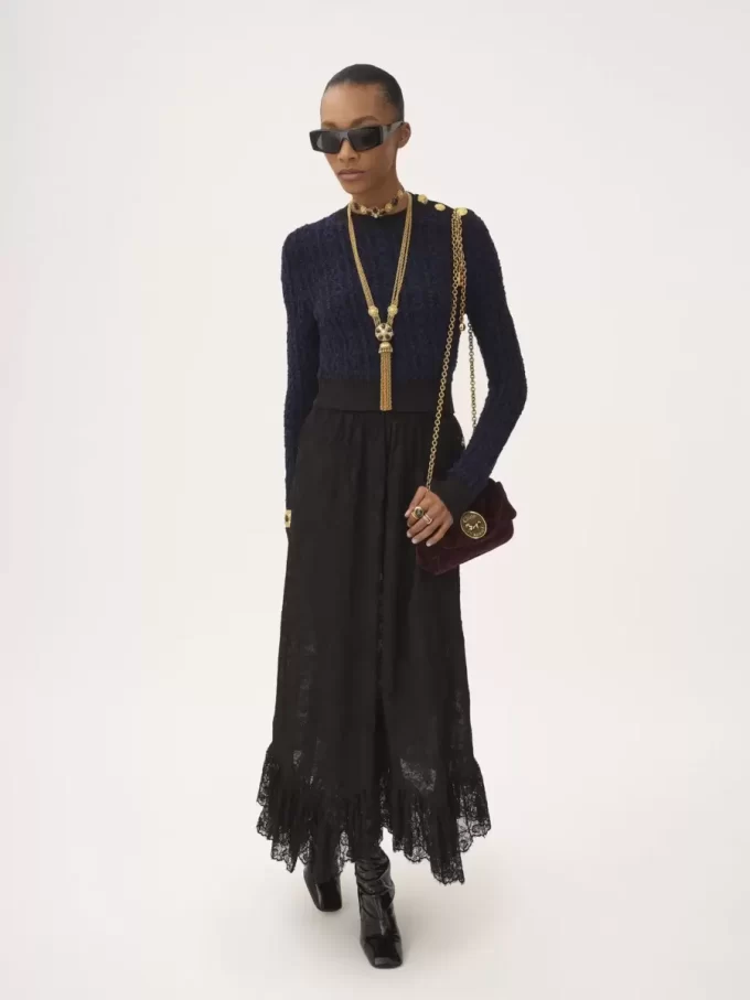 Gonna midi con volant in pizzo jacquard floreale Gonna midi con volant in pizzo jacquard floreale