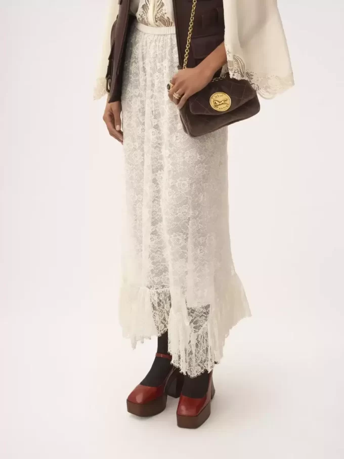 Gonna midi con volant in pizzo jacquard floreale Gonna midi con volant in pizzo jacquard floreale
