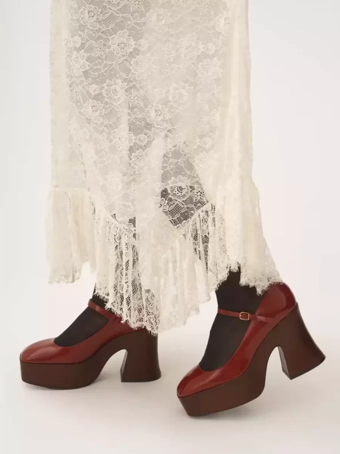 Gonna midi con volant in pizzo jacquard floreale Gonna midi con volant in pizzo jacquard floreale
