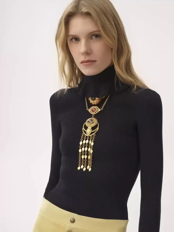 Maglione a collo alto aderente in maglia di cotone e lana