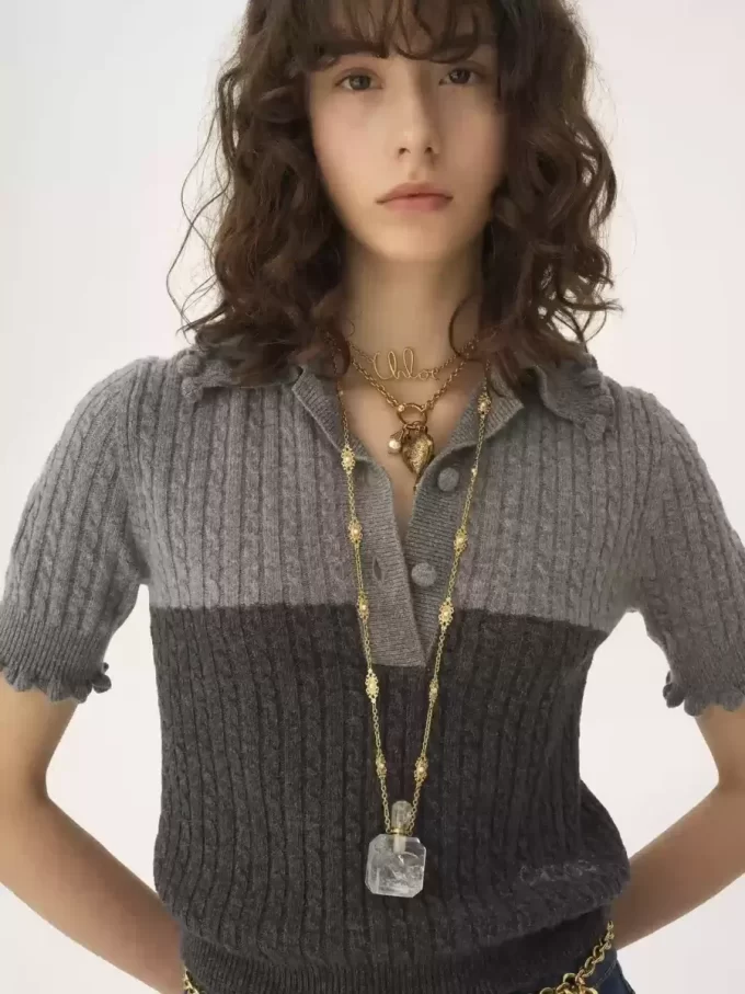Maglione polo a maniche corte in maglia di lana e cashmere Maglione polo a maniche corte in maglia di lana e cashmere