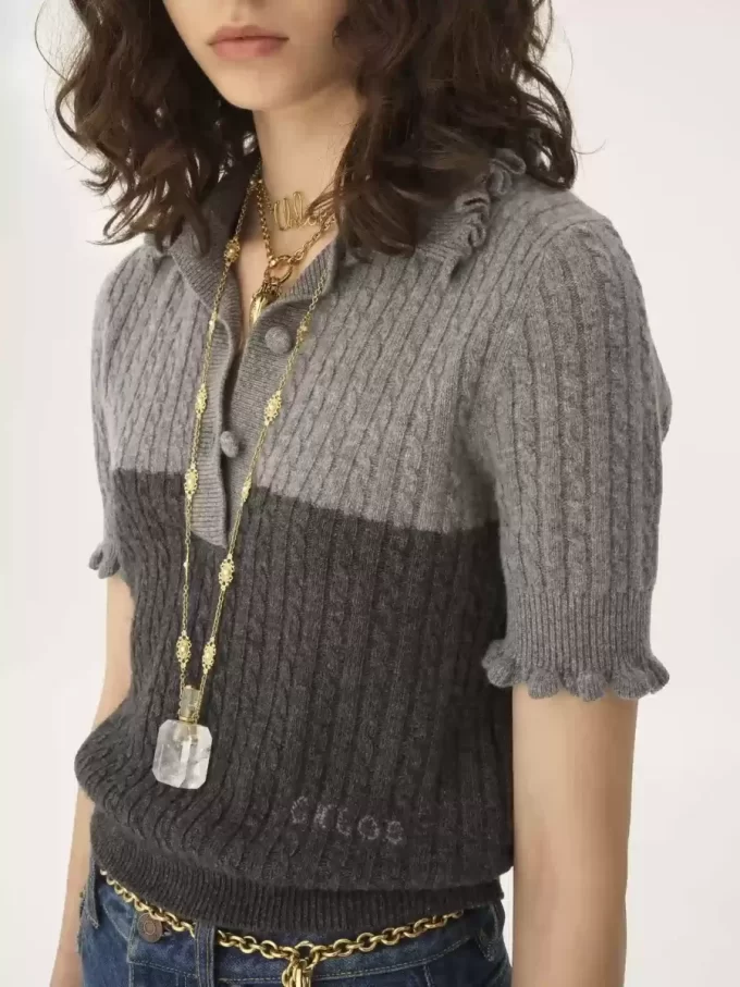 Maglione polo a maniche corte in maglia di lana e cashmere Maglione polo a maniche corte in maglia di lana e cashmere